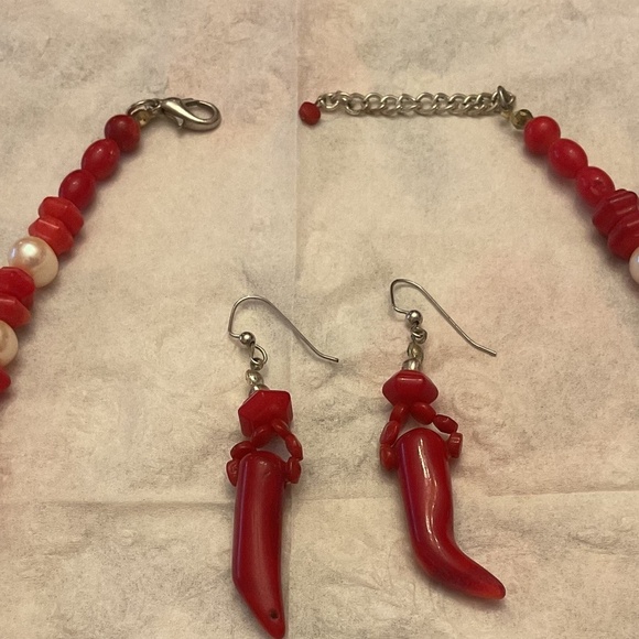 Red Genuine Coral white pearl beads Necklace Earrings set - Picture 8 of 12